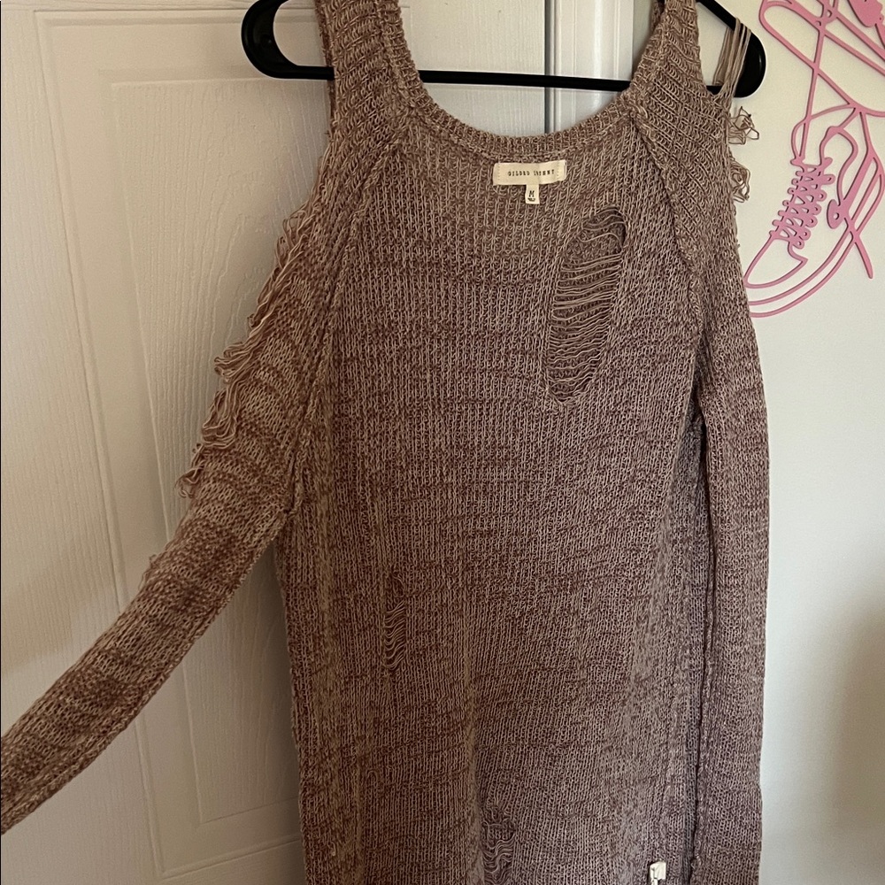Gilded Intent Off-the-Shoulder Distressed Tan Sweater